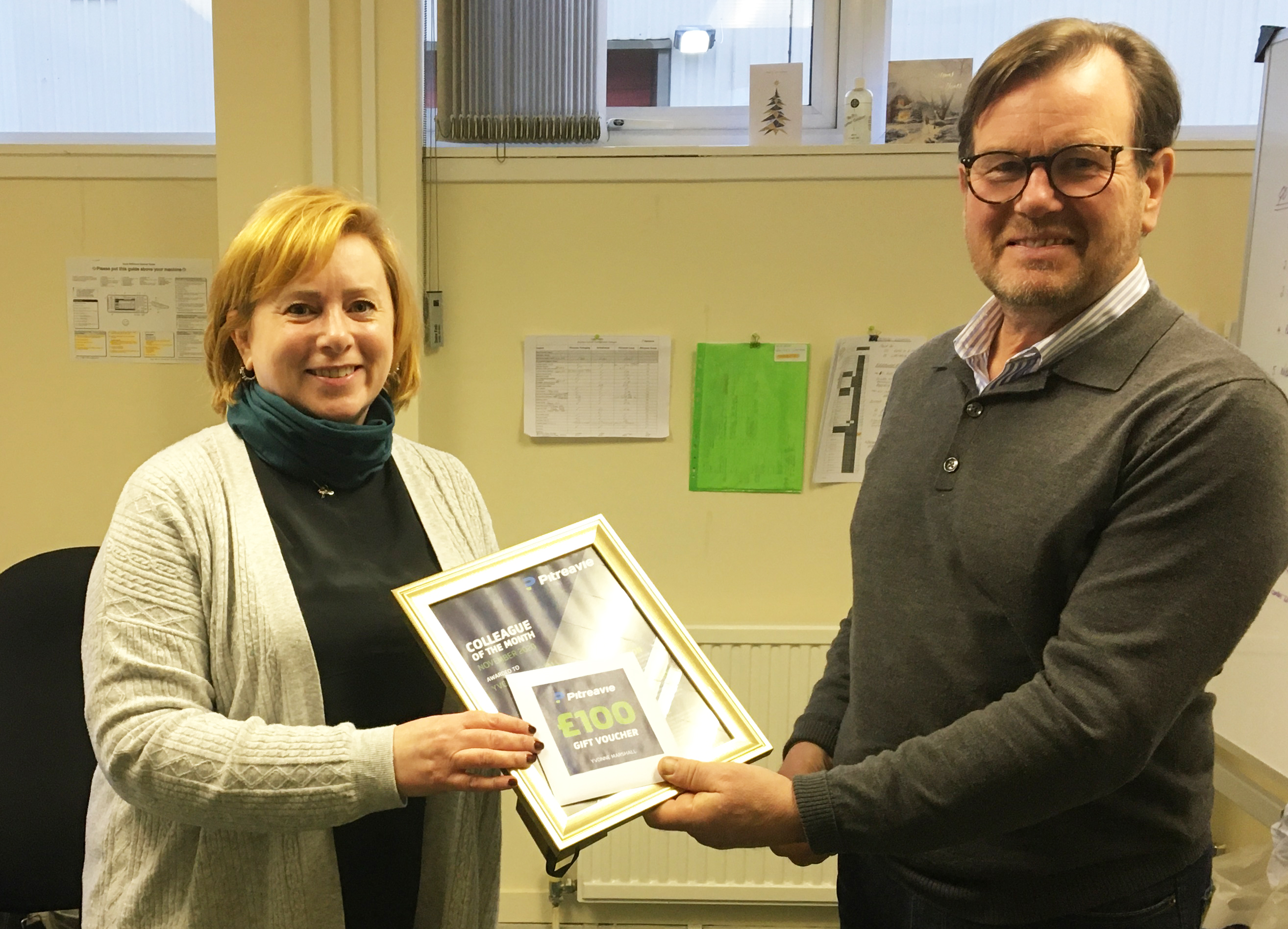 pitreavie colleague of the month winner yvonne marshall with director stephen heslop