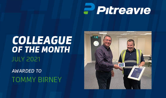 pitreavie colleague of the month winner tommy birney with manufacturing director scott alexander