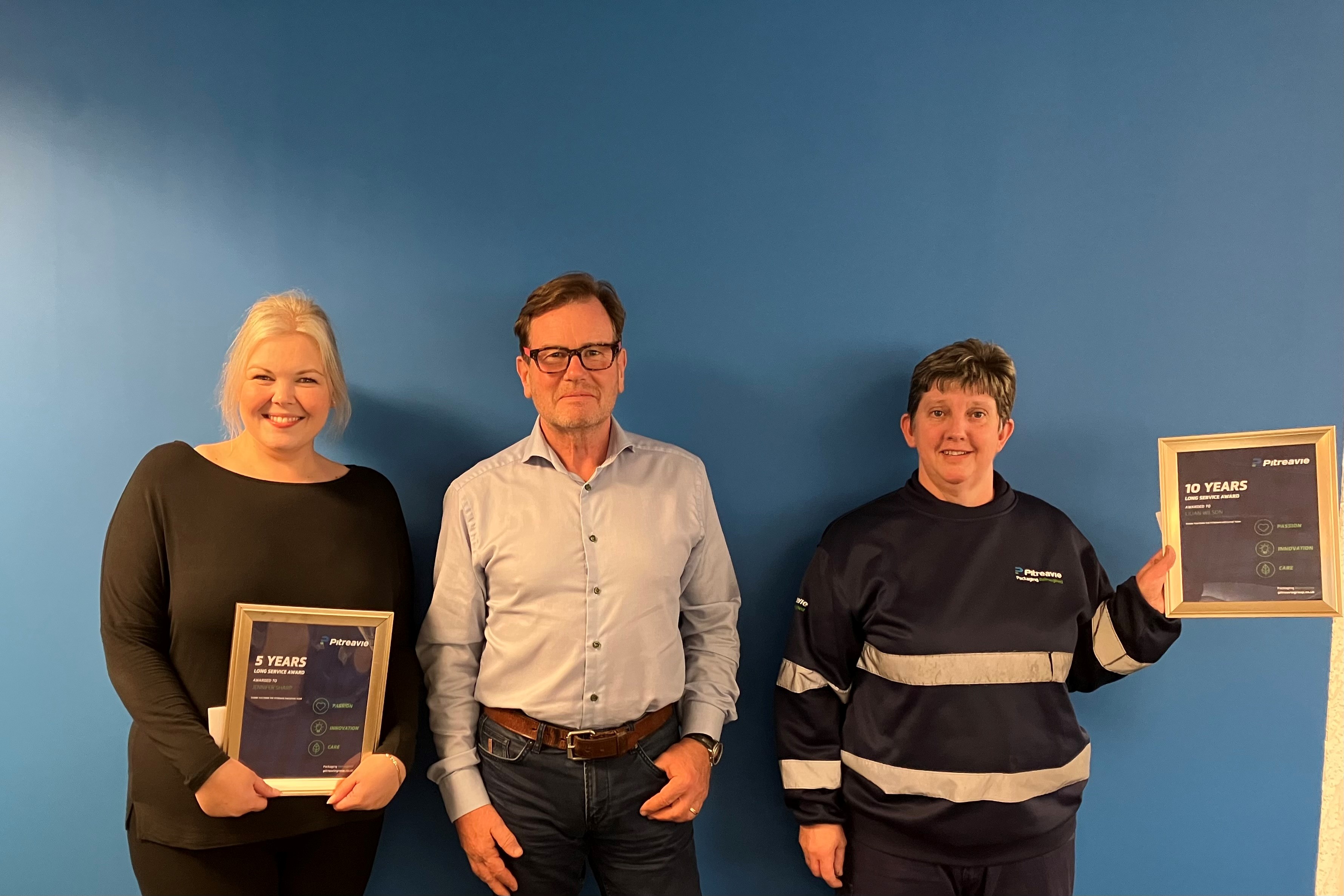 Pitreavie Packaging Long Service Awards Jennifer Sharp Stephen Heslop Lilian Wilson